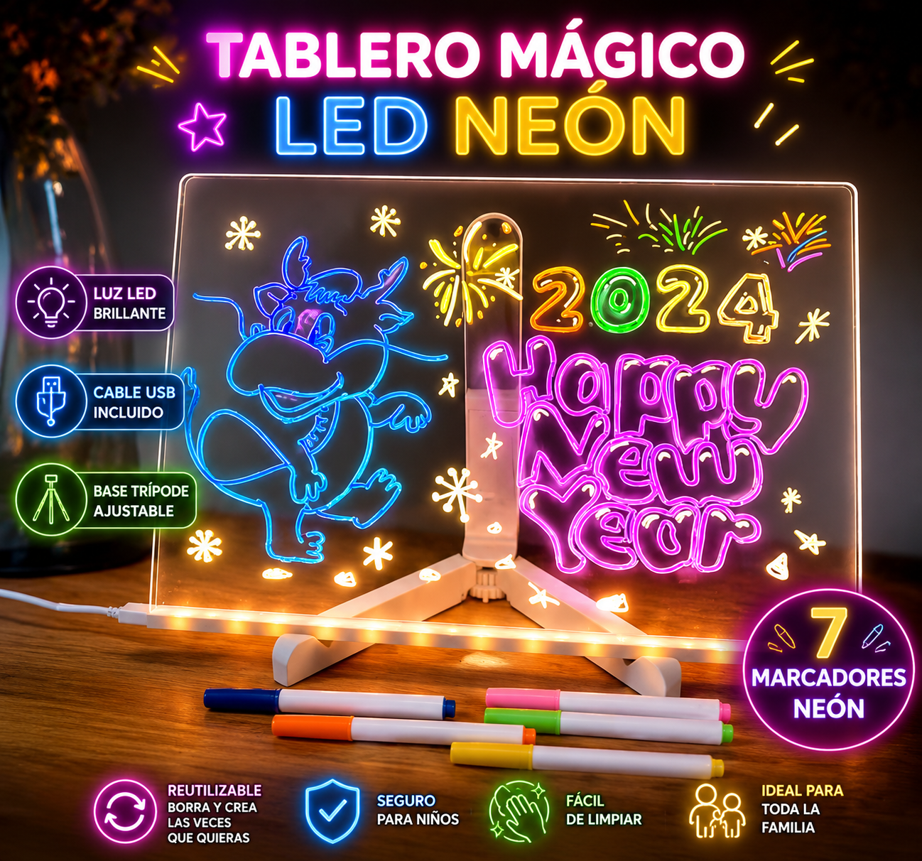 Tablero Mágico LED y recibe 7 Marcadores Neón GRATIS✨🌈🎨