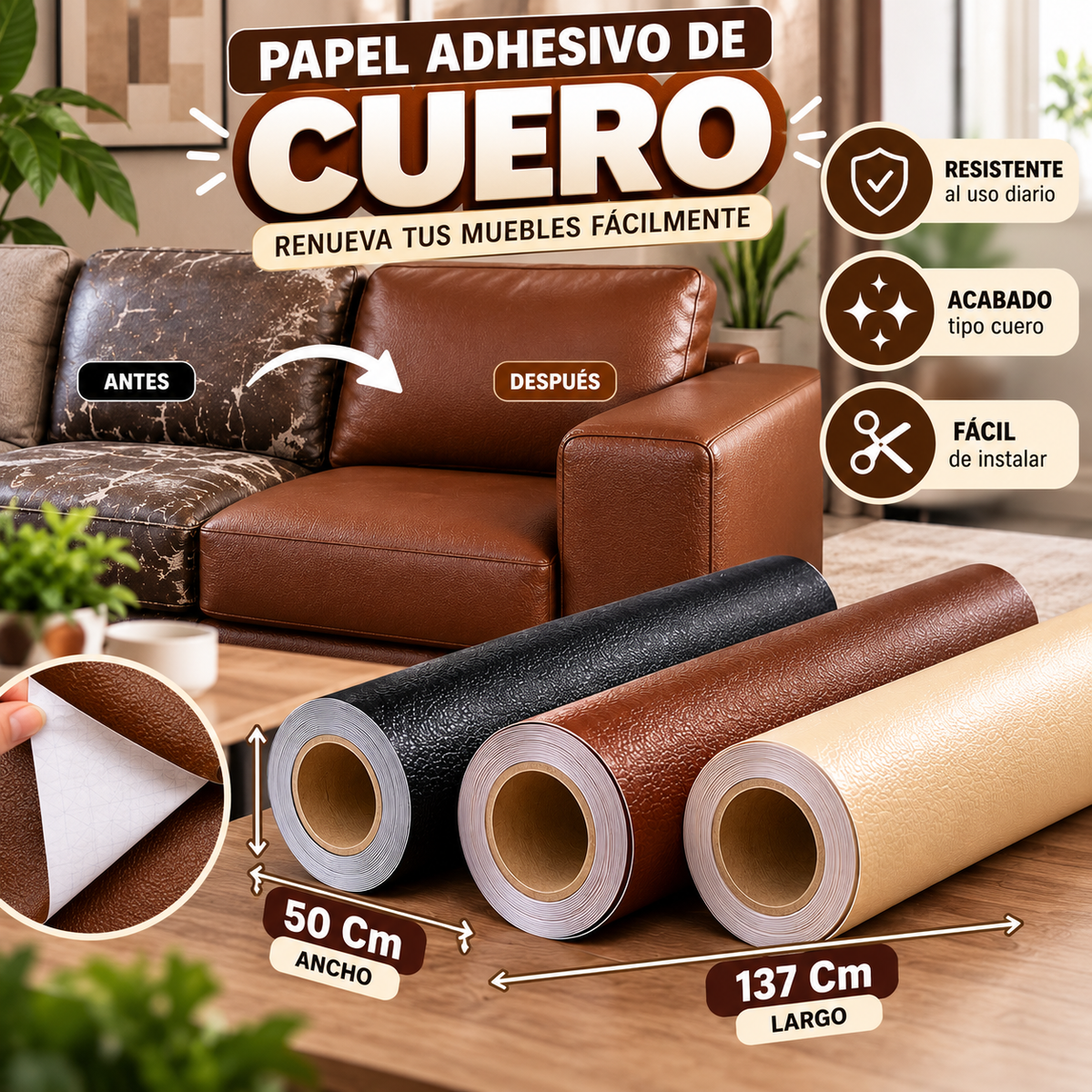 Papel Adhesivo Tipo Cuero ✨ Renueva tus Muebles Fácilmente